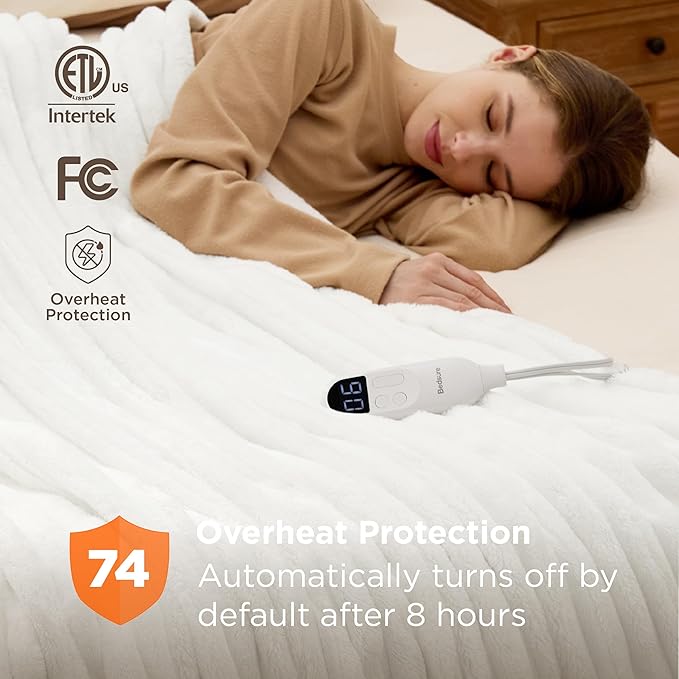 Bedsure Electric Blanket Full Size - Thick Striped Flannel Heated Blanket with 6 Heat Settings, 10 Time Settings, 8-Hour Timer Auto Shut Off, Gift for Grandma (72x84 inches, White)