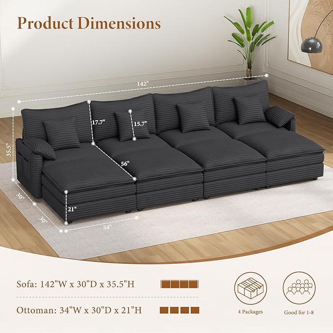 Vesgantti 142" Oversized Sectional Sofa Bed, 8-Seater Modular Sleeper Cloud Couch with Movable Ottoman, Corduroy Convertible Sofa Set Deep Seat Couches for Living Room, Bedroom and Apartment, Gray | Sink-in Comfort, Height Adjustable, Easy Rearrangemen...