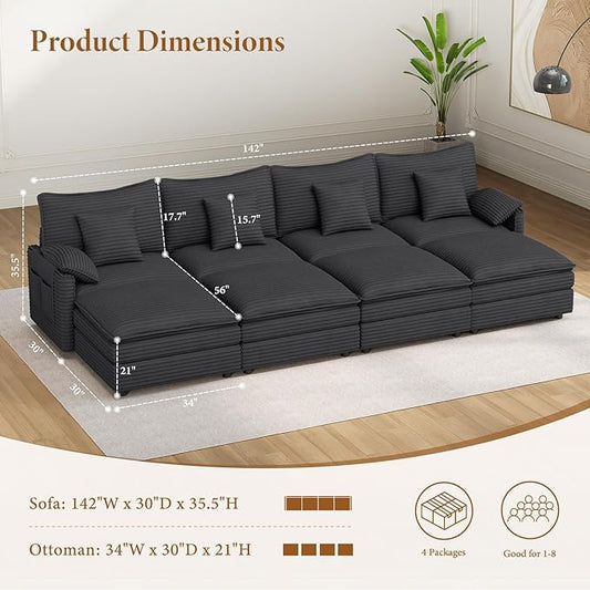 Vesgantti 142" Oversized Sectional Sofa Bed, 8-Seater Modular Sleeper Cloud Couch with Movable Ottoman, Corduroy Convertible Sofa Set Deep Seat Couches for Living Room, Bedroom and Apartment, Gray | Sink-in Comfort, Height Adjustable, Easy Rearrangemen...