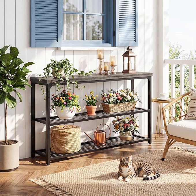 47" Console Table with Storage, 3-Tier Narrow Entryway Table, Sofa Table with Mesh Shelves, Console Tables for Living Room, Bedroom, Hallway, Entryway, Foyer, Oak Grey