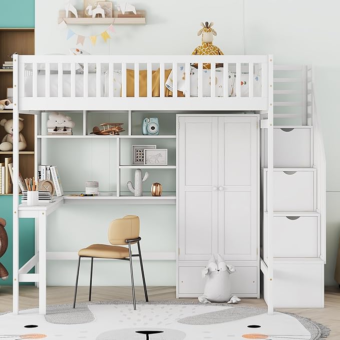 Full Loft Beds Stairway Loft Bed Frame with Wardrobe, Desk, Bookshelf and Drawers, White