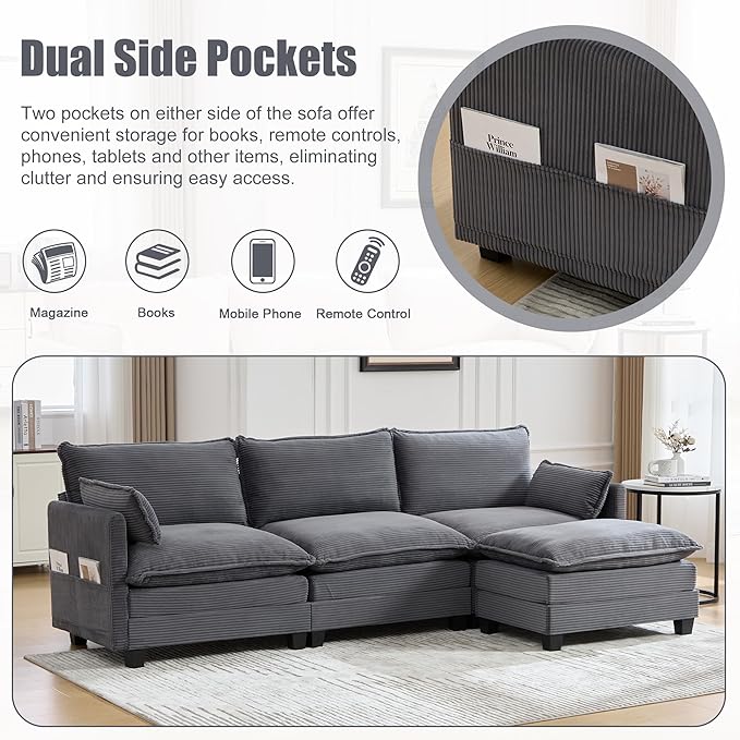 103" Oversized Modular Sectional Sofa Couch with Reversible Ottoman, Free Combination Convertible Corner Couch,Corduroy Upholstered Cloud Sectional Couch with Side Pockets | Multiple Cushions, DIY Combination, Removable Cover