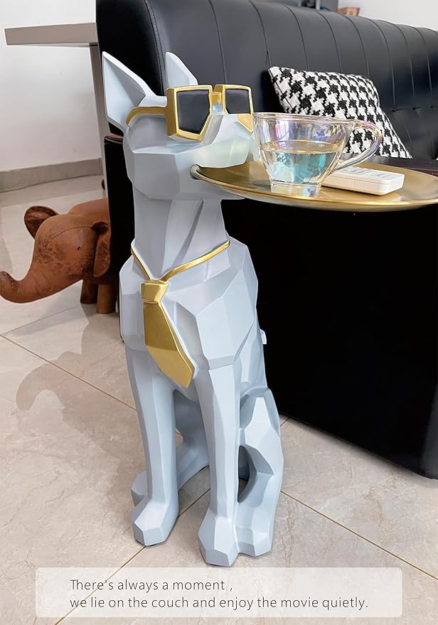 Beautiful and Elegant Decorative Pieces for Home, Dog Side Table with Tray and Storage，Dog 3D Sculpture Coffee Table Unique Home Decor(Gray)