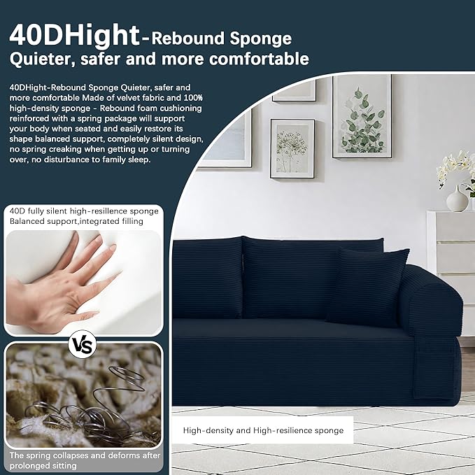 83" Modern Sofa in a Box, No Assembly Oversized 3 Seater 28" Deep Seat Cloud Sofa Bed Couch with 4 Furry Pillows & Corduroy Fabric, Boneless Couch with Side Storage Pockets for Living Room, Navy Blue