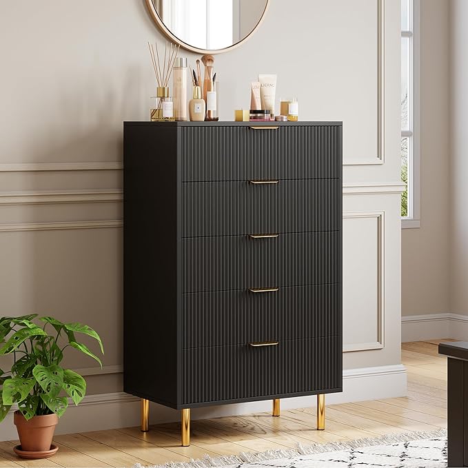 IDEALHOUSE Black Dresser, Modern 5 Drawer Dresser for Bedroom with Gold Handle and Large Drawer, Wood Double Chest of Drawers and Storage Organizer for Living Room, Hallway, Entryway