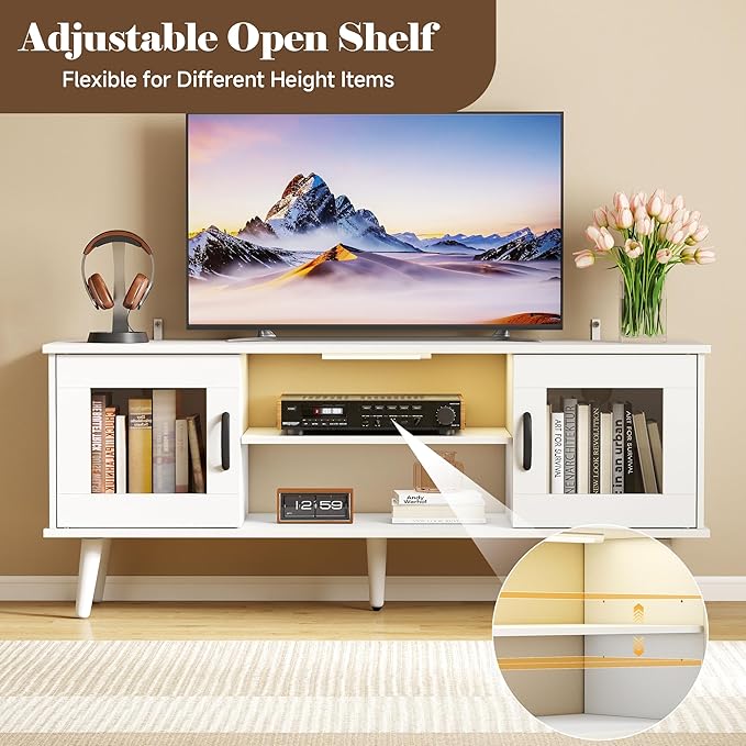 Wood TV Stand for 55 Inch TV, Mid Century Modern Entertainment Center with Adjustable Shelf, Sensor LED Light, 2 Cabinets, TV Media Console for Living Room Bedroom White