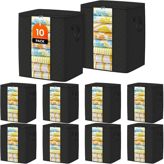 Clothes Storage Bags, 10-Pack Comforter Blanket Organizers, 80L Large Capacity Containers with Visual Window for Clothing, Quilt, Sheet, Pillow, Closet Organization for Bedding (Black)