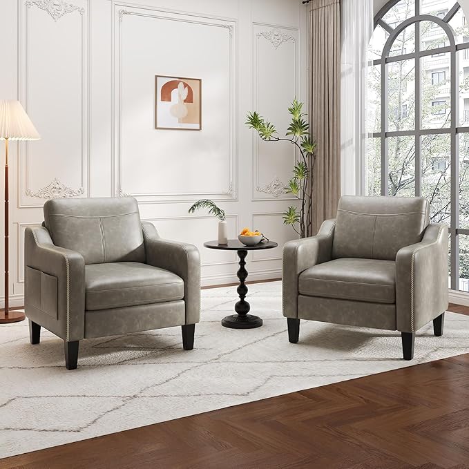 PU Leather Accent Chair Set of 2, Mid-Century Modern Living Room Armchair Sofa with Removable Cushions, Solid Wood Frame & Stitched Armrest Design, Bedroom Chair with Plastic Legs, Grey