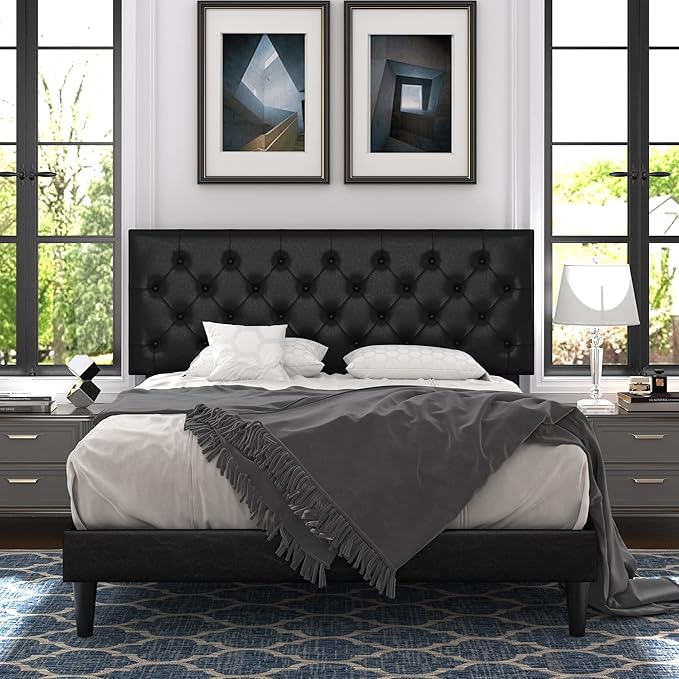 Allewie Queen Size Platform Bed Frame, Adjustable Faux Leather Headboard with Diamond Stitch and Button Tufted, Sturdy Wood Slats, Easy-Assembly, No Box Spring Needed, Deep Black