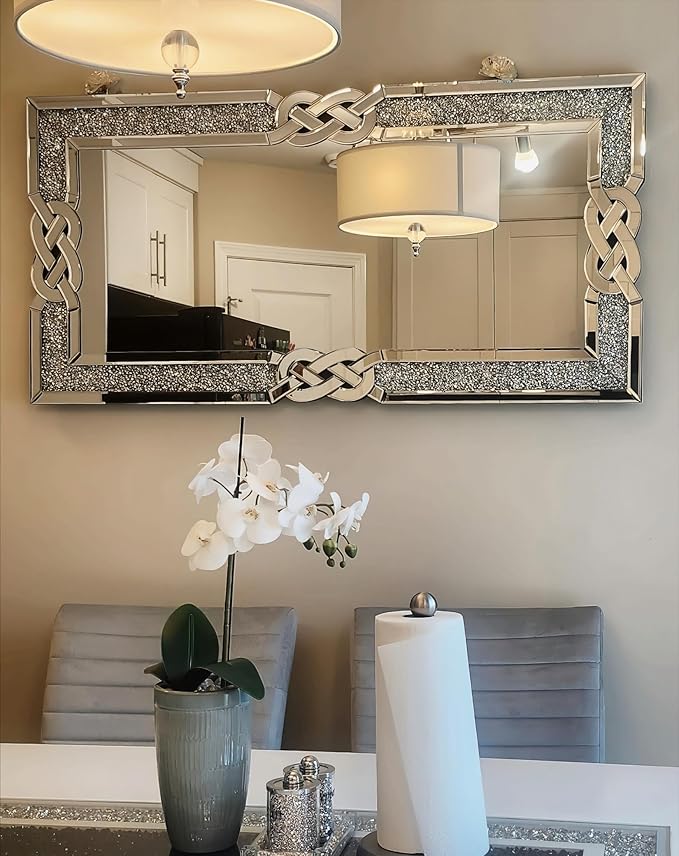 Crushed Diamond Mirror Silver Vanity Rectangular Wall Decor 48x24 inch