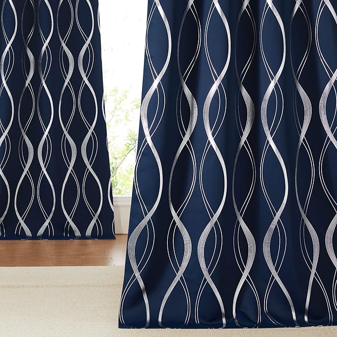 NICETOWN Blackout Curtains 63 inches Long for Bedroom, Thermal Insulated Solid Grommet Top Foil Printed Wave Lines Blackout Panels/Draperies for Boys Kid's Room (Navy Blue, 1 Pair, 52 inch Width)