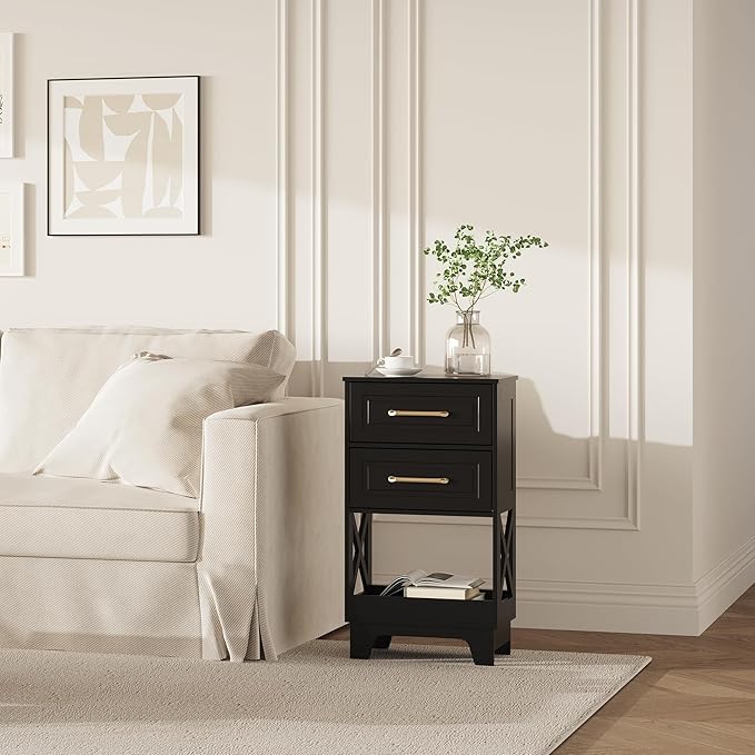 Tall Nightstand Set of 2 Side Table with 2 Drawers Modern Night Stand Wooden End Table Bedside Table with Below Open Shelf Solid Feet for Bedroom Black