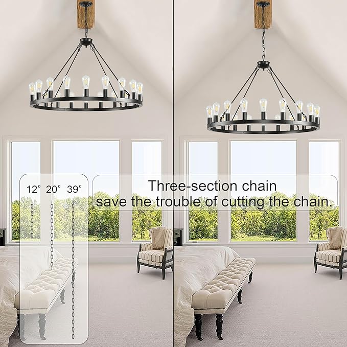 40 inch Black Wagon Wheel Chandelier 20-Light Farmhouse Round Wheel Chandeliers Hanging Light Fixture Outdoor Wagon Wheel Chandelier for Porch for High Ceilings Dining Room