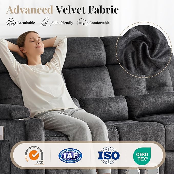 RV Power Loveseat Recliner Sofa with Console|RV Reclining Loveseat with Bluetooth Speaker & LED Light | RV Wall Hugger Double Recliner Loveseat Sofa 3 Pillows (Velvet Gray) | LED Light, Double Seat, Hidden Storage, Comfy Velvet