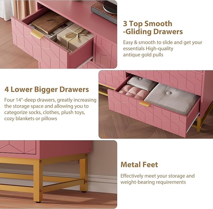 GAOMON Dresser for Bedroom, 53.5" Wide Dresser Organizer, 7 Drawer with Golden Metal Handle and Legs, Modern Chest of Drawers for Closet, Hallway, Living Room, Entryway, Pink