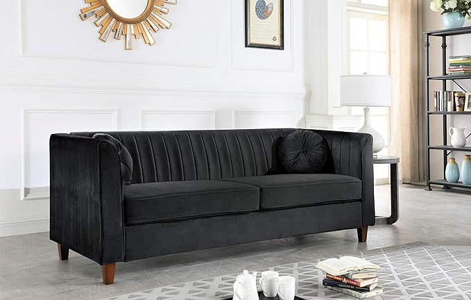 Container Furniture Direct Arvilla Velvet Sofa with Bolster Pillows, Soft Upholstery, Mid Century Modern Design, Chesterfield-Inspired Couch for Living Rooms, Midnight