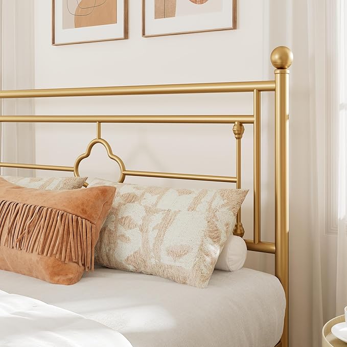 Allewie King Size Metal Platform Bed Frame with Victorian Vintage Headboard and Footboard/Mattress Foundation/Under Bed Storage/No Box Spring Needed/Noise-Free/Easy Assembly, Gold