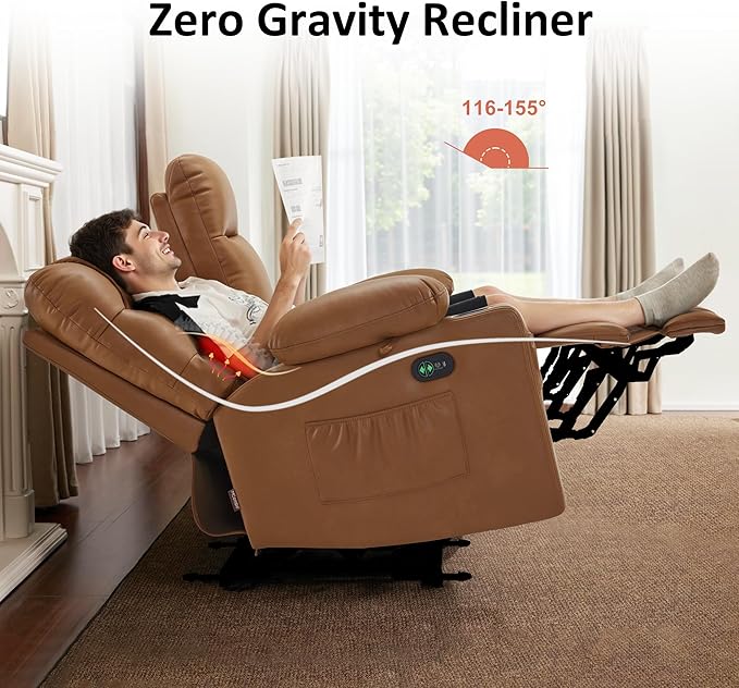 MCombo Zero Gravity Power Loveseat Recliner with Console, Heat and Vibration Massage, Reclining Loveseat Sofa with USB Ports, Cup Holders for Living Room, Faux Leather PR622Sets (Saddle)