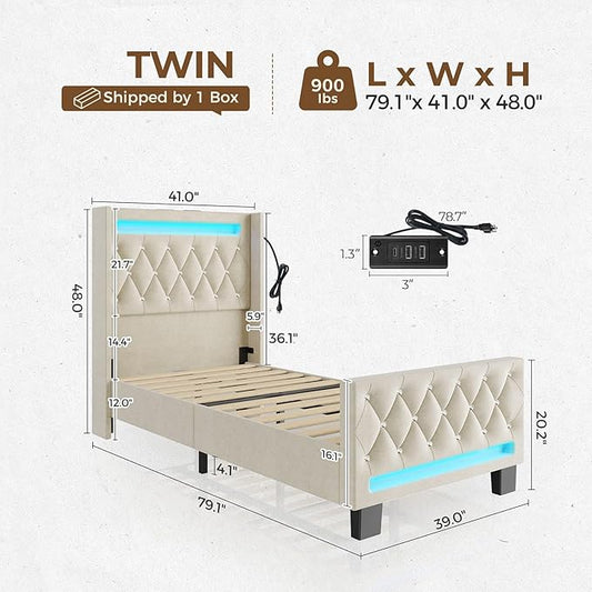 Rolanstar Twin Bed Frame with LED Light and Charging Station, Upholstered High Headboard and Footboard, Wood Slats, Noise Free, Easy Assembly, Beige