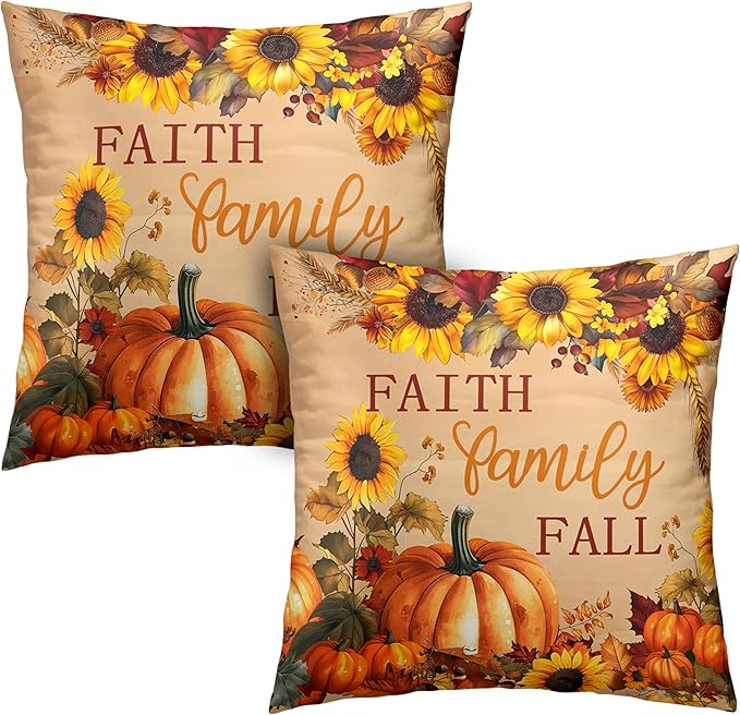 Fall Pillow Covers Pumpkin Sunflower Throw Pillow Covers Autumn Thanksgiving Harvest Pillow Case 24x24 Set of 2 Double Sided Printing Cushion Case for Couch Sofa