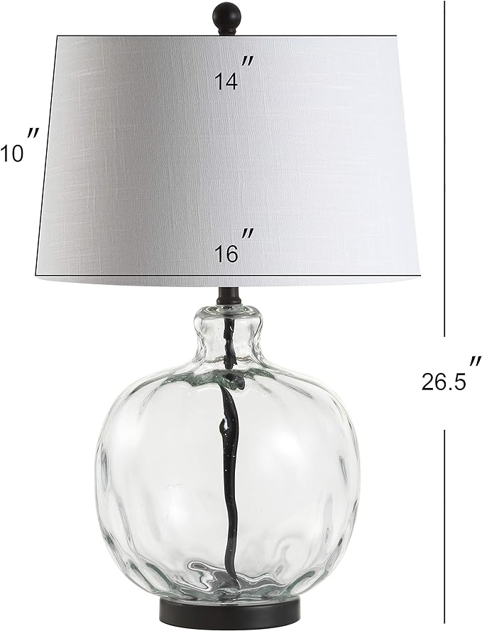 JONATHAN Y 26.5" Clear Glass and Black Metal LED Table Lamp, Transitional Farmhouse Bedside Nightstand Lamp with White Linen Shade, UL Listed, LED Bulb Included JYL1067A