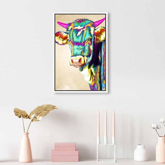Country Farmhouse Canvas Print Painting Animal Wall Art 'Fun Colorful Glam Farm Cow' White Framed Canvas Rustic Home Décor 10x15 in Green, Pink by Oliver Gal