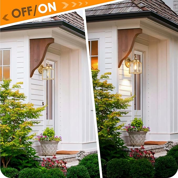 Outdoor Wall Lantern, Exterior Waterproof Wall Sconce Light Fixtures, Gold Front Door Lighting with Clear Beveled Glass Shade, 2 Pack