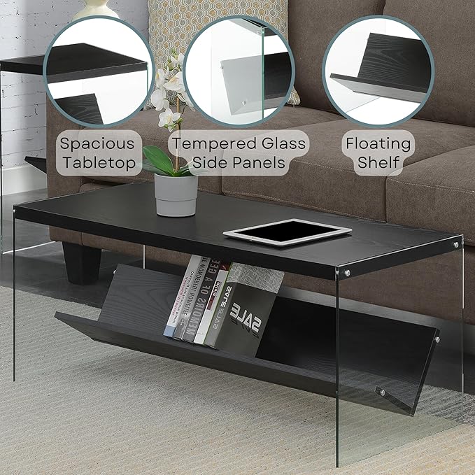 Convenience Concepts SoHo Glass Coffee Table 40" - Modern Living Room Table with Storage Shelf, Contemporary Coffee Table for Family Room, Black