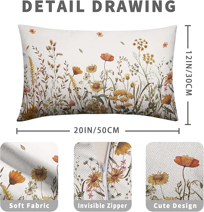 Fall Lumbar Pillow Covers 12x20 Set of 2 Autumn Flowers Decorative Outdoor Throw Pillow Case Burnt Orange Floral Thanksgiving Harvest Rectangle Pillowcase for Couch Sofa