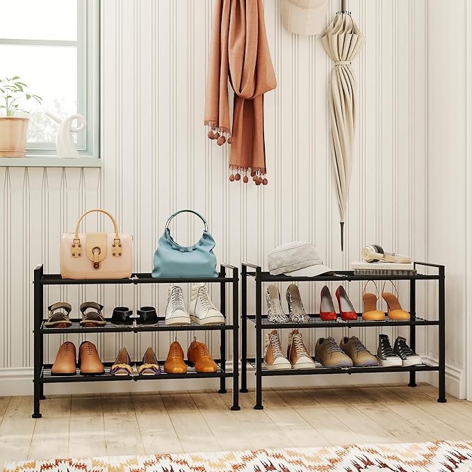 3-Tier Adjustable Shoe Rack, 26.5-Inch Wide Metal Storage Organizer for Closet Entryway, Heavy-Duty Stand for Shoes, Books, or Plants - Easy Assembly (Black)