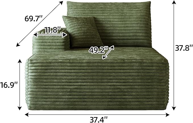 107" U Shaped Cloud Corduroy Couch with Ottoman, Comfy Sectional Boneless Couches for Living Room Bedroom, Deep Seat Sleeper Compression Sofa, No Assembly, Left Facing Chaise, Green