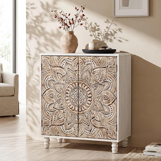 COSIEST 32" W Sideboard Buffet Cabinet with Storage, Accent Cabinet with 2 Push-to-Open Magnetic Doors, Vintage MDF Buffet Table for Living Room, Kitchen, Hallway (Gray,Lotus Pattern) | with Storage, Accent Cabinet, Vintage, Buffet Table, Lotus Pattern