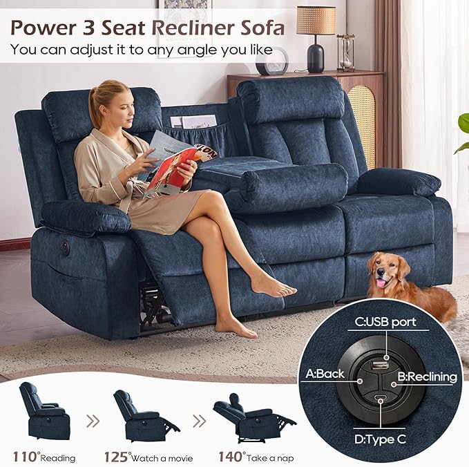 Velvet Power Reclining Sofa Set, Electric Recling Couch with Massage & Heat/Console/Cup Holder/USB & Type C, Modern Living Room Furniture Sofa Set (Blue, 3+2 Seat)