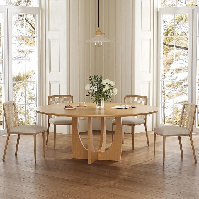 Casaphoria 59" Round Dining Table for 8 with Scratch-Resistant Top & Cross Arched Legs – Modern Farmhouse Kitchen Table for Dining Room, Living Room, Bar, Easy Assembly, Oak