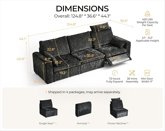 124.8'' Oversized Power Recliner Sofa with Headrest, Extra Wide Deep Modular Cloud Sectional Reclining Couch Wall Hugger, Convertible 3-Seater for RV Home Theater Living Room, Chenille, Black