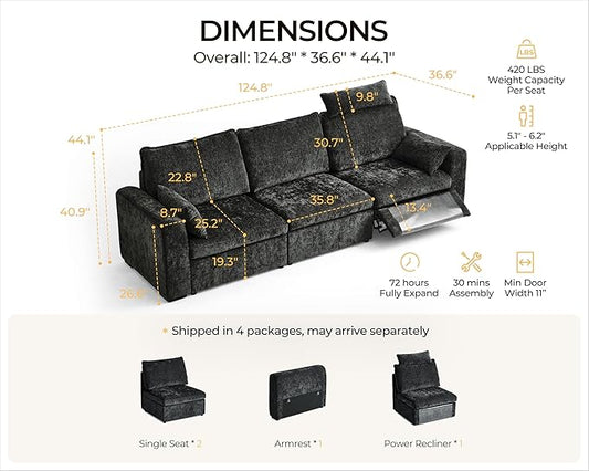 124.8'' Oversized Power Recliner Sofa with Headrest, Extra Wide Deep Modular Cloud Sectional Reclining Couch Wall Hugger, Convertible 3-Seater for RV Home Theater Living Room, Chenille, Black