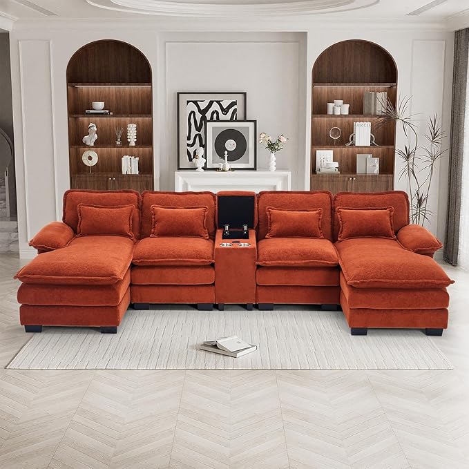 133" Oversized U Shaped Cloud Couch Modular Sectional Couches for Living Room Comfy Chenille Deep Seat Sofa Set with Double Chaise Lounge, Storage Central Console, Cup Holders, USB Port, Orange