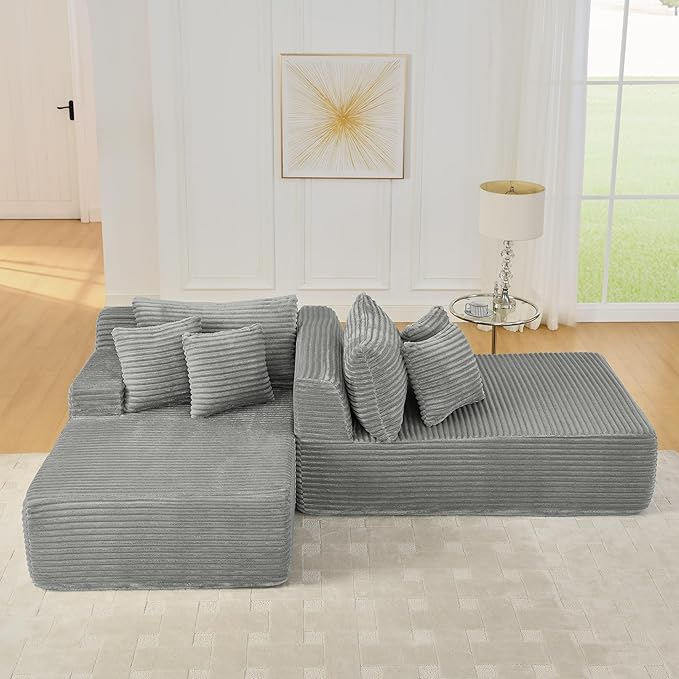 Fluffy Corduroy Double Chaise Lounge Daybed 83-Inch Oversized Loveseat Sleeper Sofa Bed,Boneless Love Seat Recliner Sleeper Couch Full Foam Floor Cloud Sofa Chaise W/6 Pillows for Living Room Bedroom