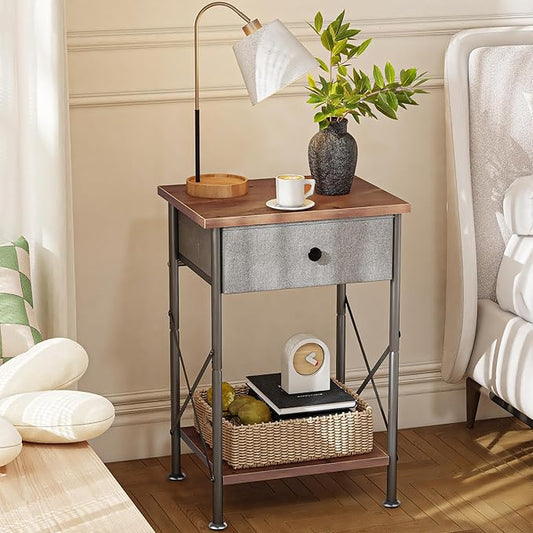 VECELO Modern Versatile Nightstands X-Design Side End Table Night Stand Storage Shelf with Bin Drawer for Living Room Bedroom, Set of 2 (Brown)