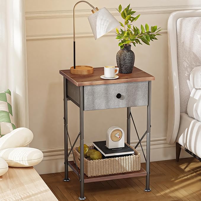 VECELO End Tables, Modern Nightstands with Fabric Drawer & Open Shelf, Side Table for Bedroom Living Room, Industrial Metal Frame, Rustic Brown,2 Pack