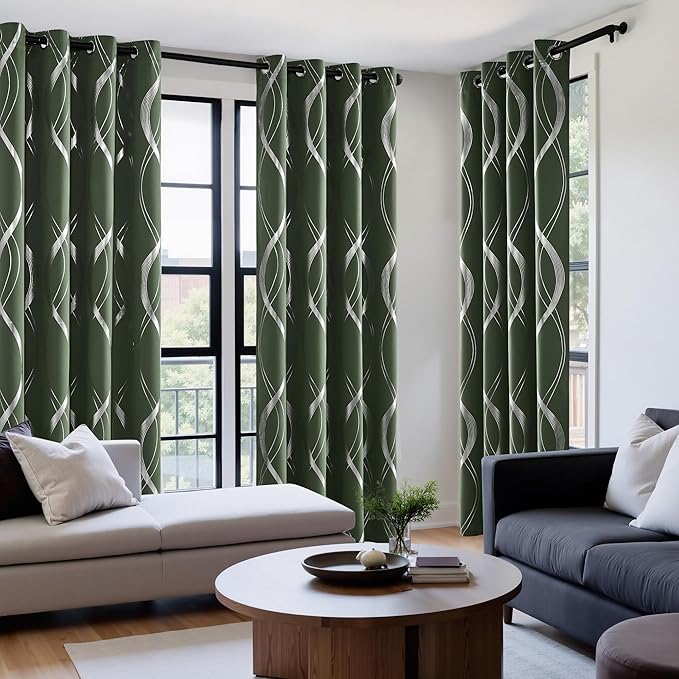 NICETOWN 100% Blackout Curtains 84 inch Length 2 Panels Set, Dark Mallard, 52" x 84", Noise Reducing Thermal Insulated Wave Line Foil Print Design Blackout Curtains for Hall Closet Villa Door