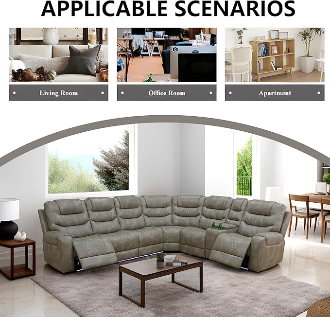 Power Recliner Sectional Sofa with LED Lighting, Breathing Leather Corner Couch with USB Port and Storage Console, Cup Holders– Home Theater & Living Room Seating(Grey)