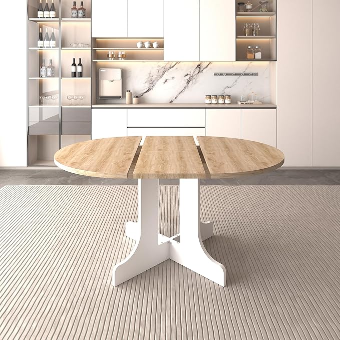 Ball & Cast Extendable Round Dining Table for 4-6,43.3-59" Transformer Kitchen Table W/Removable Leaf Trestle & X-Shaped Base,Farmhouse Oval Extendable Dining Room Table for Small Space,White Oak
