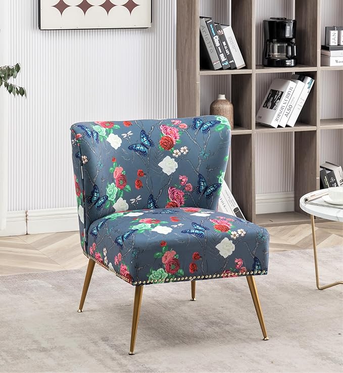 Thia Armless Accent Chair for Living Room, Elegant Seat with Nailhead Trim, Gold Metal Legs and Comfortable Curved Back, 28" D x 25" W x 29.5" H, 07 Floral Print
