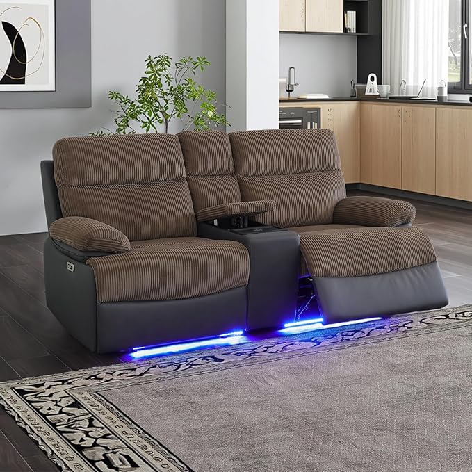 Power Corduroy Reclining Loveseat Sofa with LED Light,Double Recliner Sofa Love Seat with Storage Console/USB Port/Cup Holder,Corduroy Couch for Living Room Furniture Sets(2 Seats,Brown)