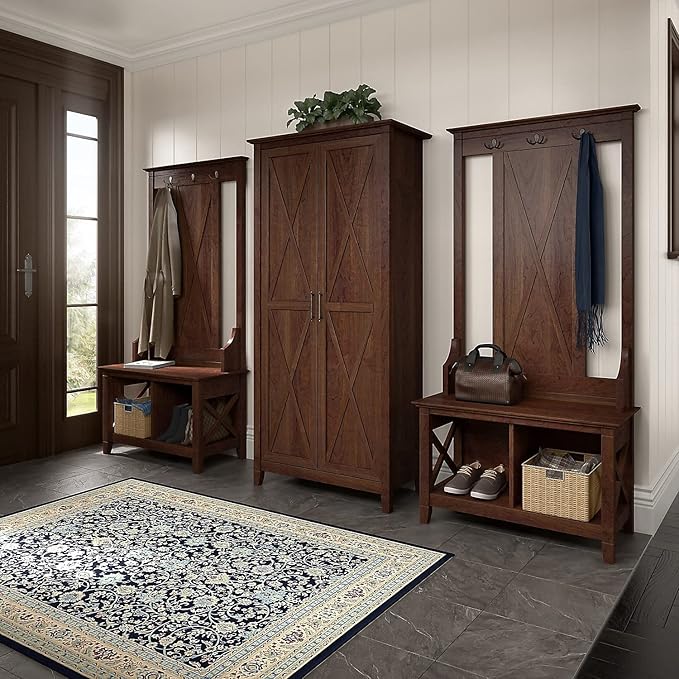 Bush Home Key West Hall Tree with Shoe Storage Bench in Bing Cherry, Entryway Organizer for Home, Multi-Purpose Storage Solution with Seating and Hooks