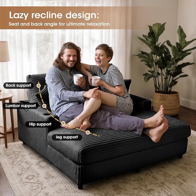 Eafurn 64" Oversized Chaise Lounge Chair Indoor, Plush Corduroy Upholstered Sofa Bed with Pillows & 2 Cup Holders, Extra Wide Deep Seat Sleeper Couch Recliner Chair for Living Room | Removable Cushions, Wooden Frame, Solid Legs