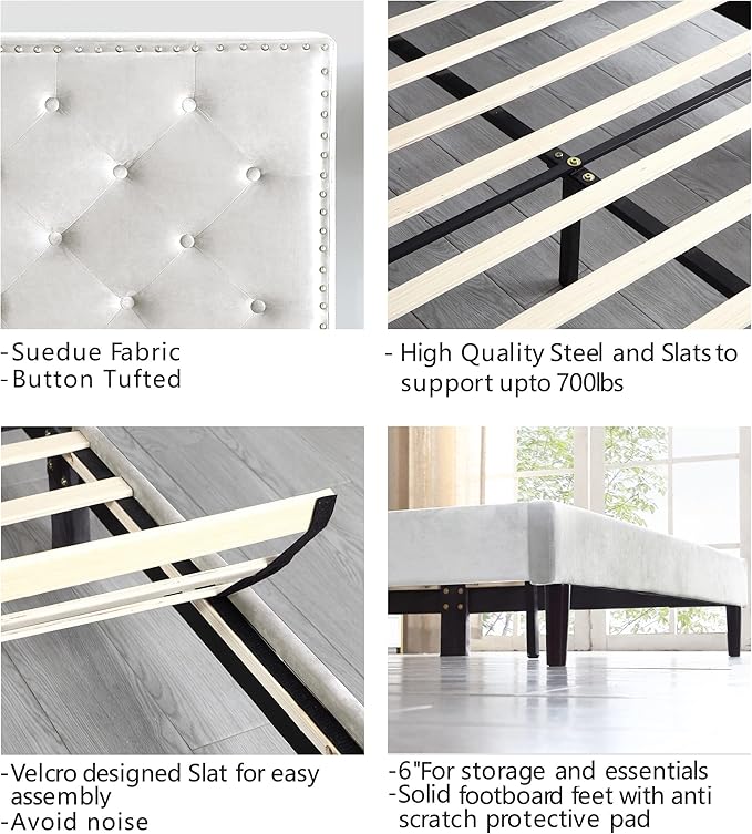 Full Upholstered Platform Bed Frame with 48" Tall Adjustable Headboard - Button Tufted Suede Velour Bed- Wood Slat Support with Storage Space- No Box Spring Needed - Beige - OLIVER & SMITH - Princeton