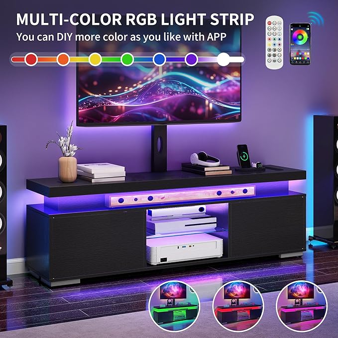 DWVO TV Stands for Living Room, Modern TV Stand for 70/65 inch TV with Mount & Power Outlet, LED Black Entertainment Center with Storage, Gaming Media Stand, Black