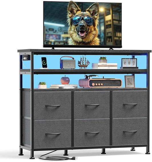 DUMOS TV Stand for Up to 45 inch TV, Wood Top TV Media Console Table with 6 Fabric Drawers, 2 Shelves, Entertainment Center with LED Lights & Charging Station for Living Room, Hallway, Grey